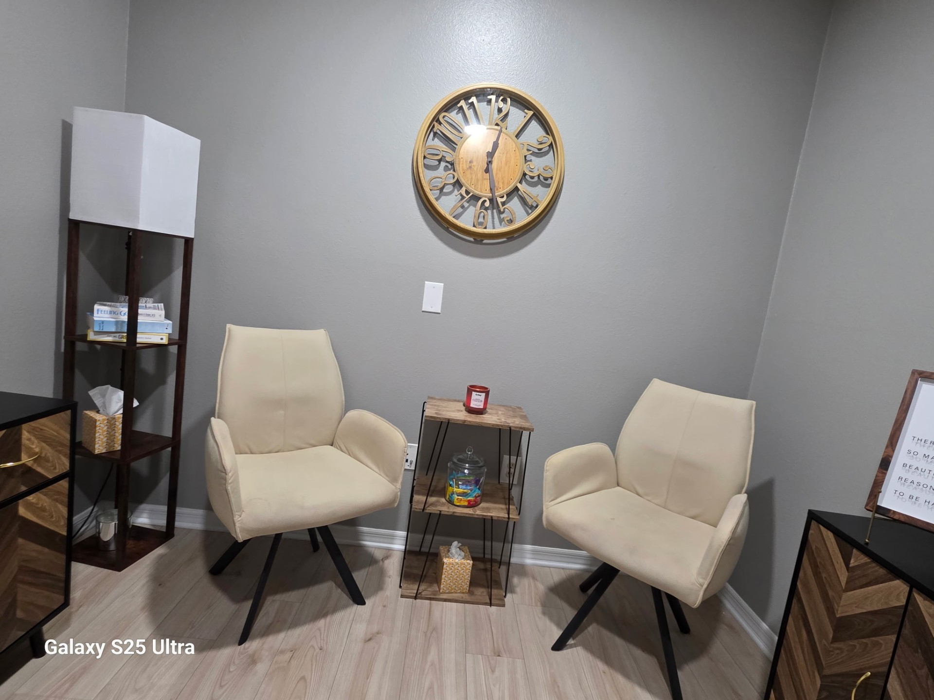 Two cream armchairs in the 3 Bridges Counseling Services office in Wesley Chapel — a calm, welcoming space