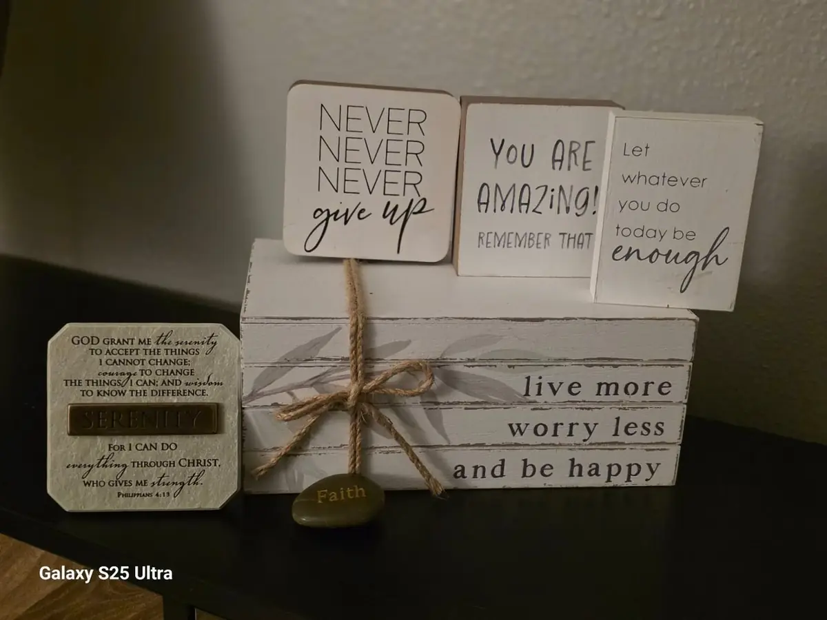 Serenity prayer plaque, Faith stone, and 'live more, worry less, and be happy' décor